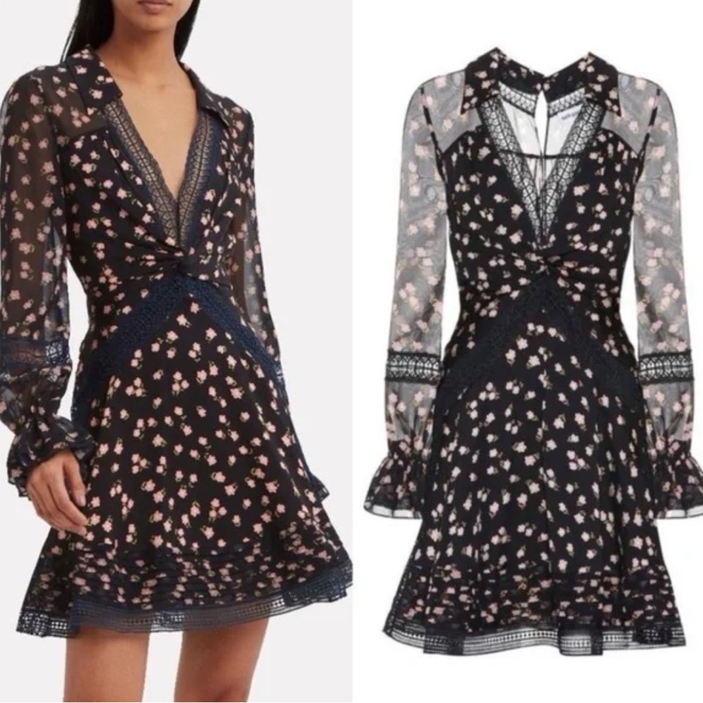 Self-Portrait Black And Pink Floral Long Sleeve Dress